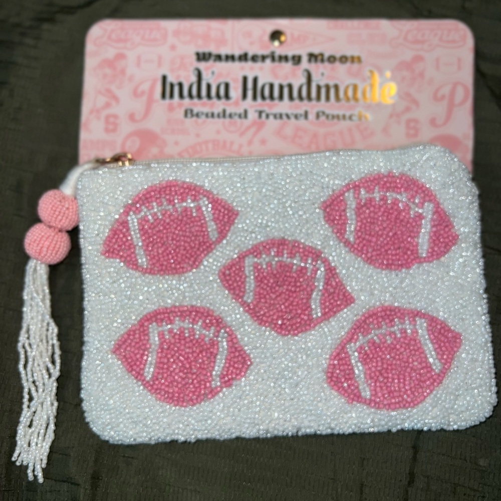Viral Pink and White Beaded Football Travel Pouch